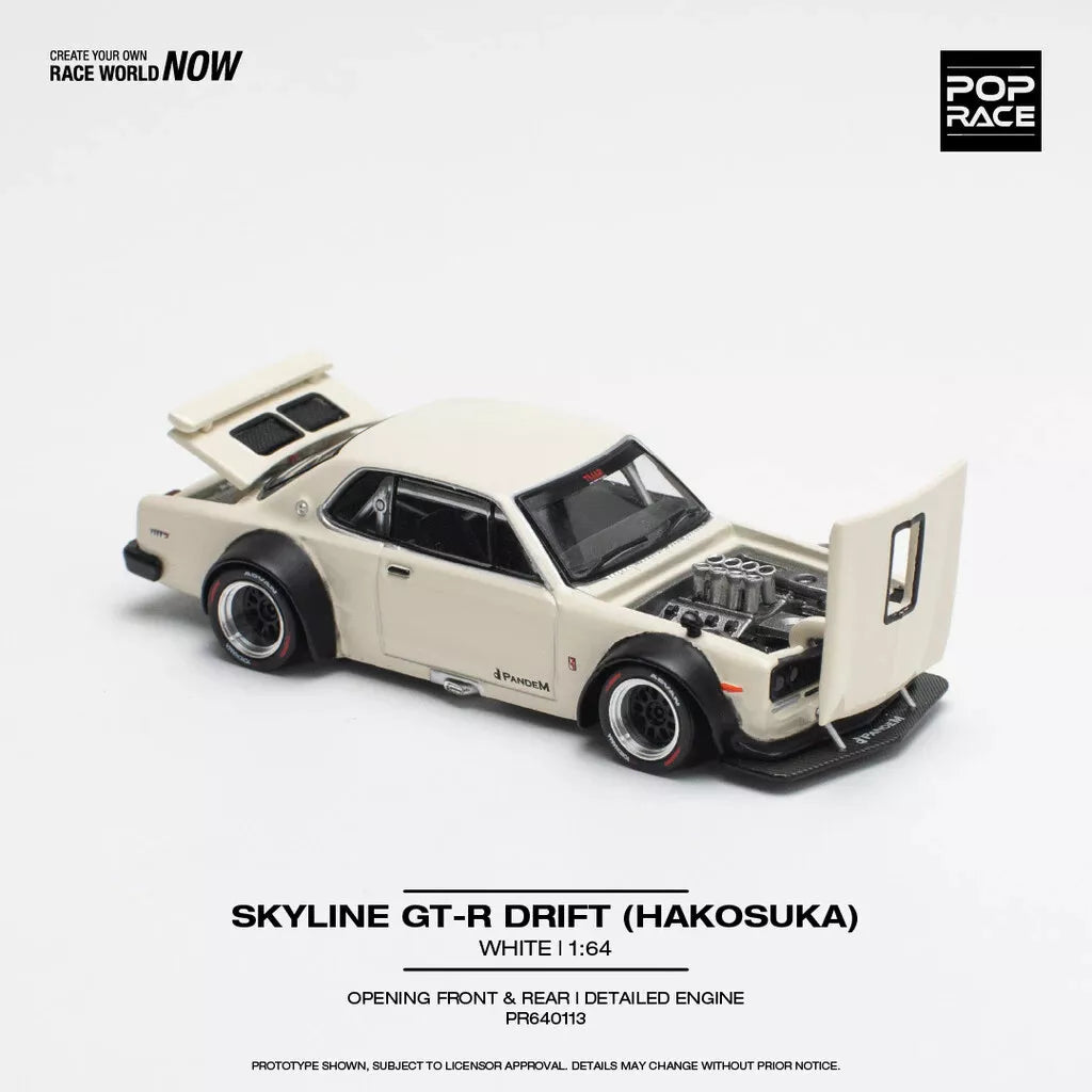 POP RACE 1:64 Nissan Skyline GT-R Hakosuka V8 Drift PR64-113 Widebody Silver Diecast Model Car