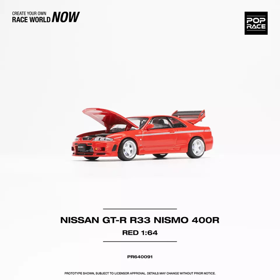 POP RACE 1:64 Nissan Skyline GT-R R33 NISMO 400R PR64-91 Red w/ Opening Hood & Trunk Diecast Model